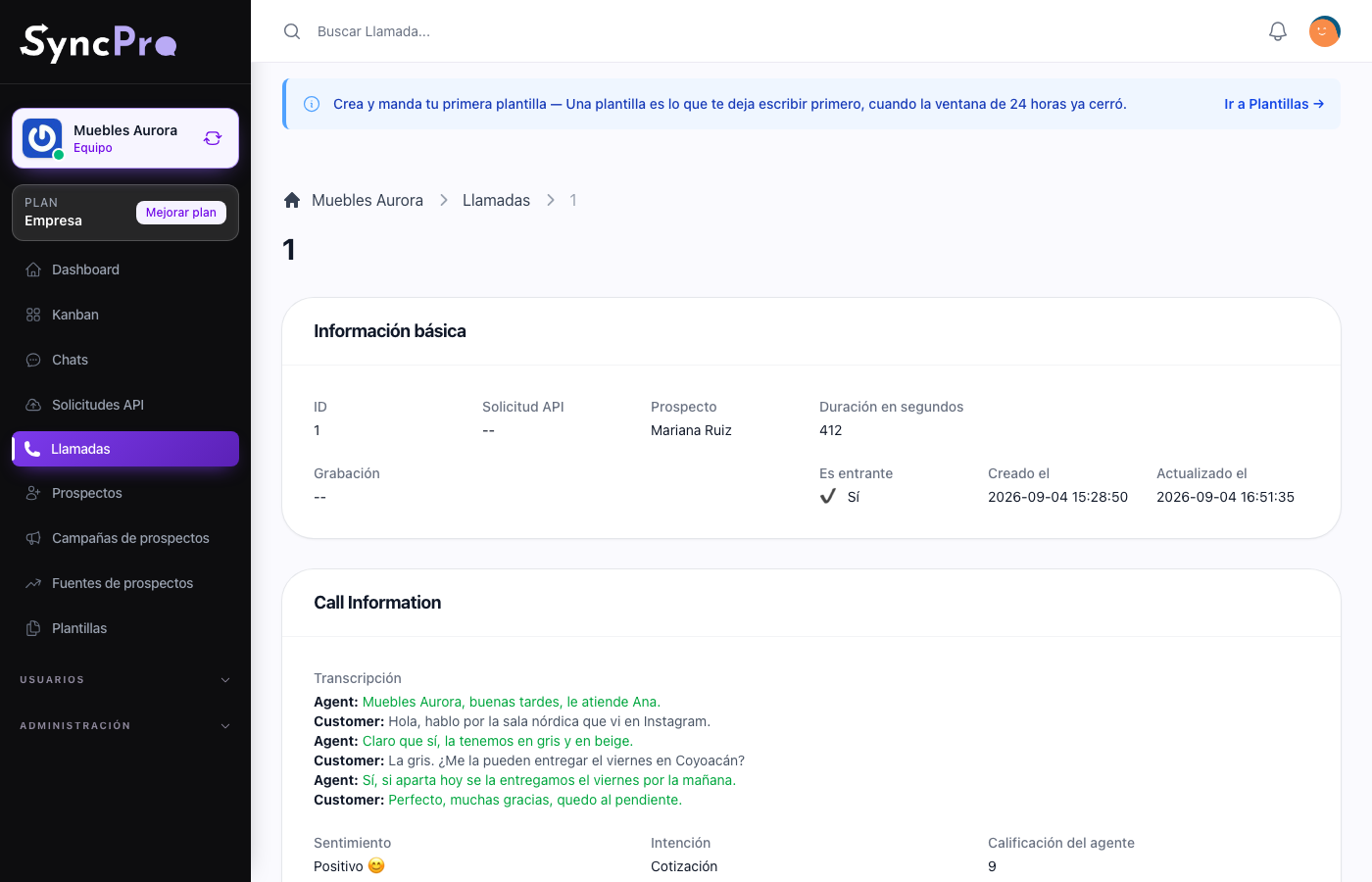 A call with its transcript, sentiment and intent