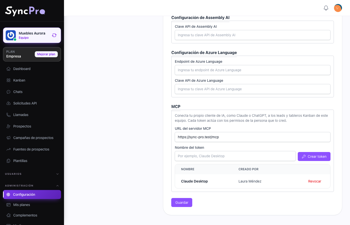 The MCP section with a token created