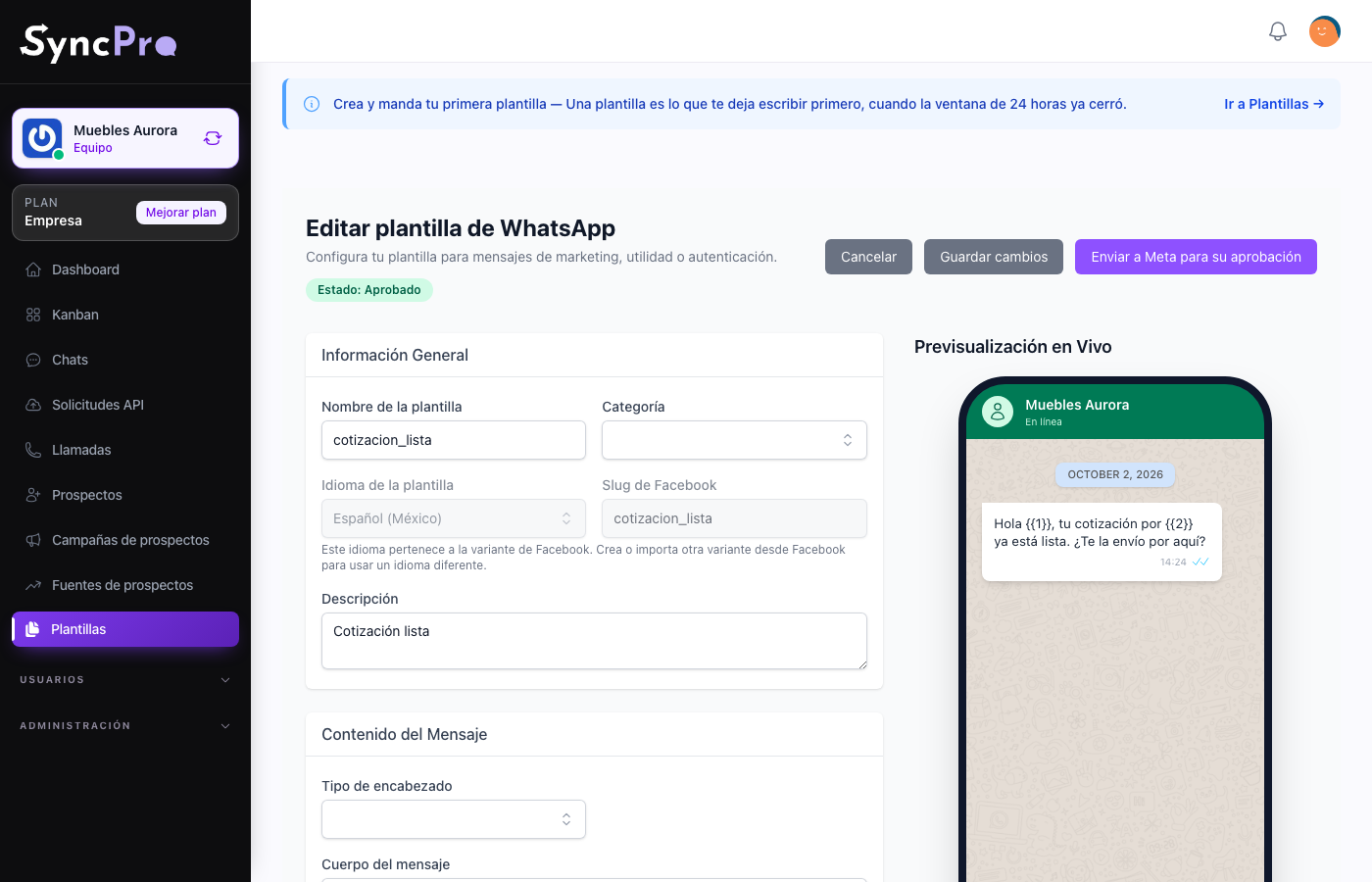 Una plantilla en edición, con su vista previa en vivo