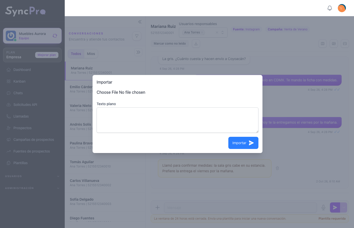 The window for importing a conversation
