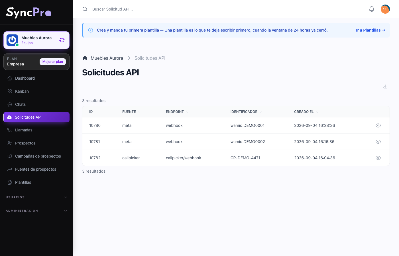 The API requests log
