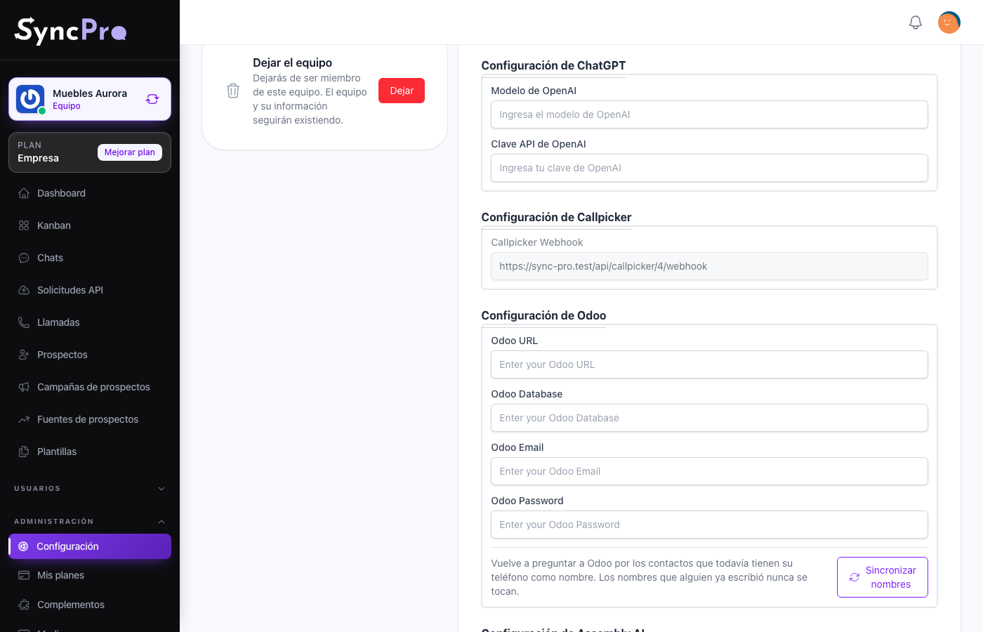 La sección de Callpicker en las integraciones del equipo