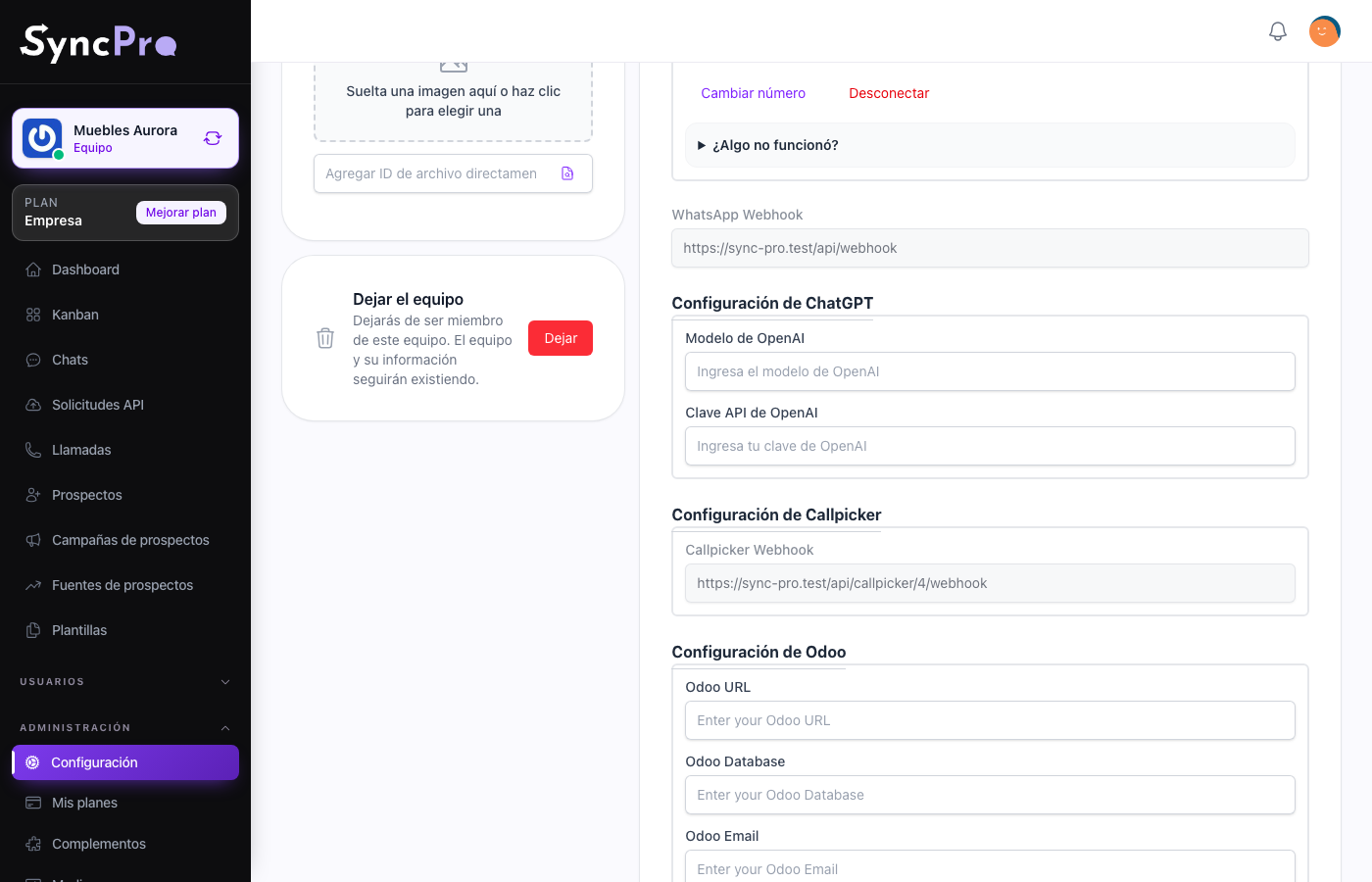 The ChatGPT section in the team integrations