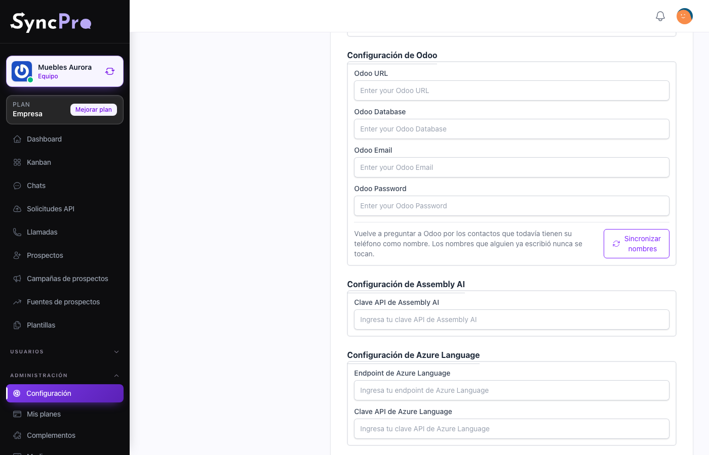 La sección de Odoo en las integraciones del equipo