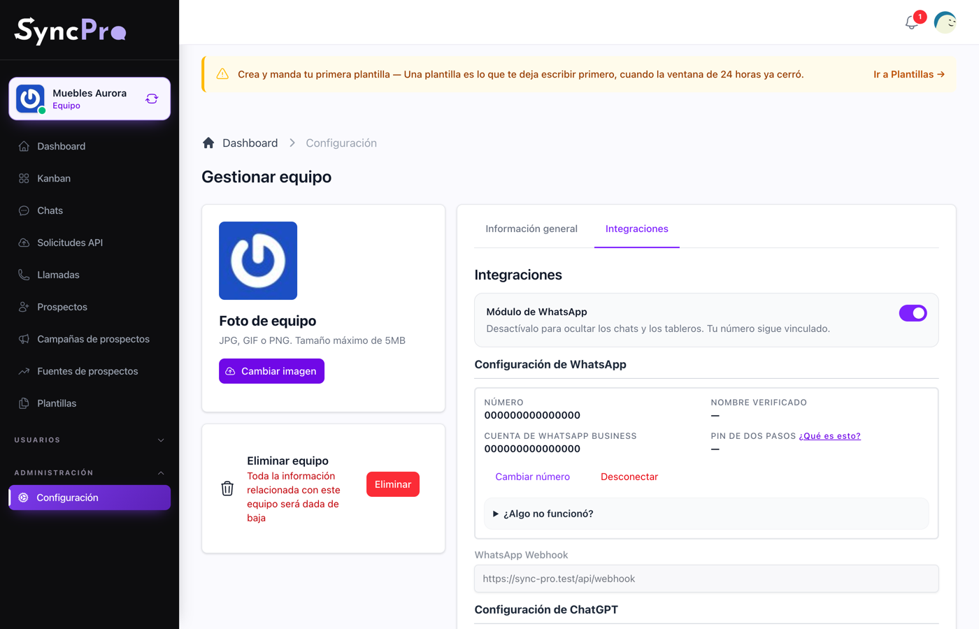 La conexión de WhatsApp en la configuración del equipo